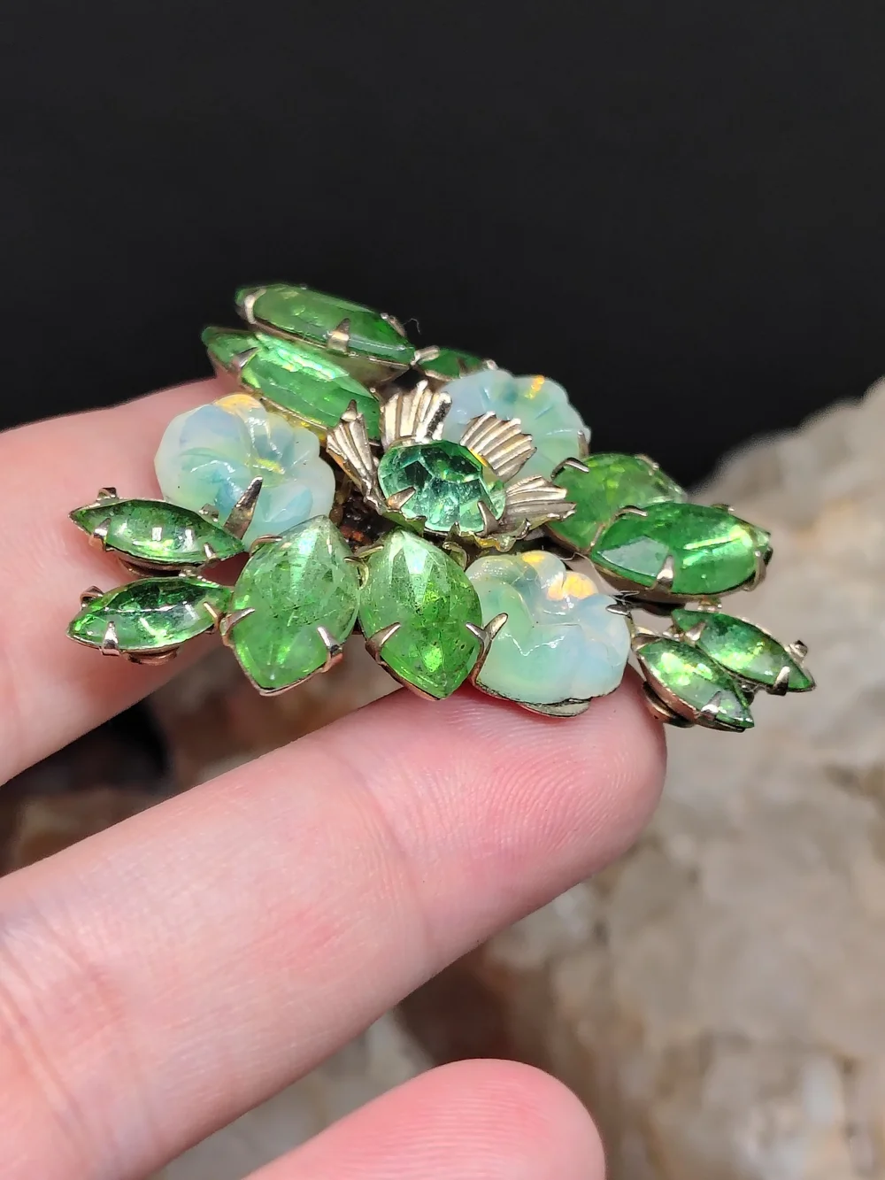 Vintage Floral Green and Opalescent Gold Tone Brooch